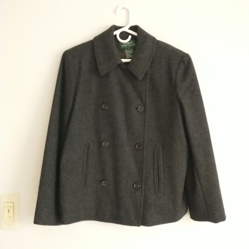 Lauren Ralph Lauren Pea Coat Womens 14 Black 100%Wool Collar Double Breasted